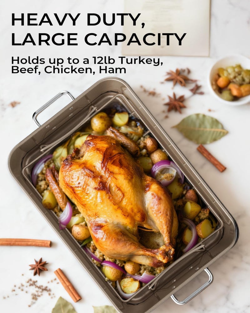 Armorbear Turkey Roasting Pan with Rack Non stick Carbon Steel Roaster 16x11 Inch, Dishwasher Safe, Deep Baking Broiler Pan for Oven Chicken, Bacon, Golden - Image 3